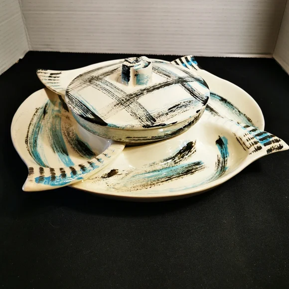 California Pottery Vintage Serving Set Blue and Black Brushstroke Plaid 6 Pieces - Picture 3 of 16